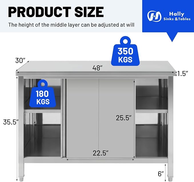 Hally Stainless Steel Cabinet, 30" x 48" NSF Commercial Heavy Duty Prep Workbench with Two Sliding Doors, Large Storage Cabinet