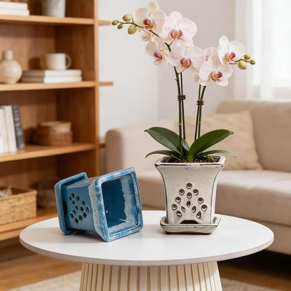 Ceramic Orchid Pots with Holes attached Saucers 4.8 Inches - Set of 2 Small Square Orchid Pots for Repotting, Decorative Ceramic Orchid Planter with Hole for Healthy Root Growth Blue White Mixed