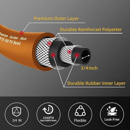 Wiseflow Garden Hose 150FT x 3/4", Heavy Duty Rubber Hose, Water Hose with Five Layered Braiding, Male Female Fittings, 1200PSI Burst, 300PSI Working for Yard, Car Wash, Pets (Orange)
