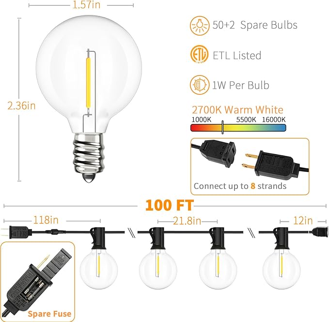 Svater Outdoor String Lights Waterproof 100 FT, LED Patio Lights Outside with 52 Shatterproof G40 Bulbs, Dimmable Hanging Globe Lighting for Bistro Backyard Cafe Market Porch, Warm White 2700K