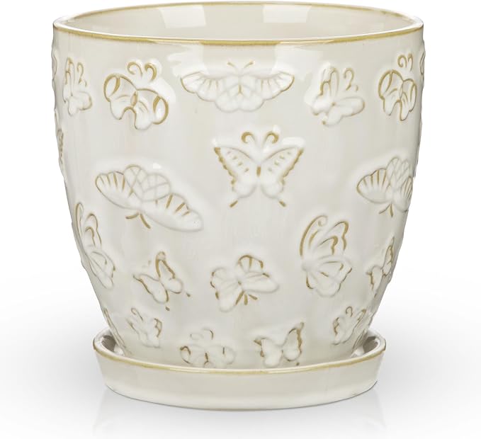 Hollyone 6 Inch White Ceramic Planter Flower Plant Pot with Drainage Hole and Saucer for Plants Embossed Indoor Outdoor Garden Embossed Ceramic Glazed Round Pot for Succulent Orchid Butterfly Pattern