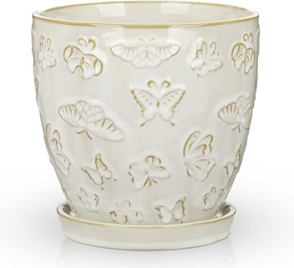 Hollyone 6 Inch White Ceramic Planter Flower Plant Pot with Drainage Hole and Saucer for Plants Embossed Indoor Outdoor Garden Embossed Ceramic Glazed Round Pot for Succulent Orchid Butterfly Pattern