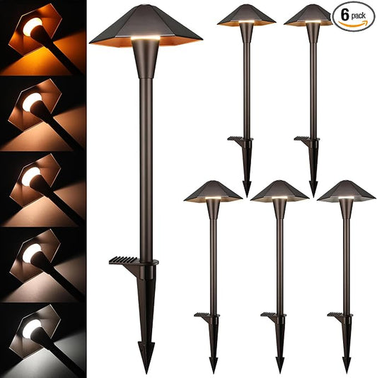 LEONLITE 6-Pack 5CCT Low Voltage LED Pathway Lights, Hexagon Head | 12-24V AC/DC, IP65, Landscape Path Lights, for Walkway Yard Garden, 1800/2700/3000/4000/5000K, Oil Rubbed Bronze, Aluminum