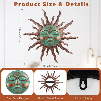 VEWOGARDEN Sun Outdoor Wall Decor, 30" Waterproof Large Metal Wall Art for Home Outside Patio Garden Fence Decorations, Brown & Green