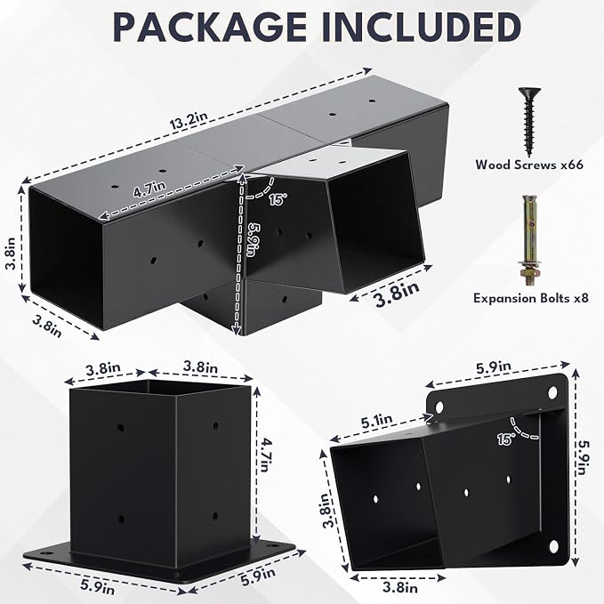 15° Slanted Pergola Bracket Kit, 4-Way Roof Wall Mount Pergola Set with Post Base for 4"x4" Posts for Gazebos, Patio Pergolas(Set of 3)