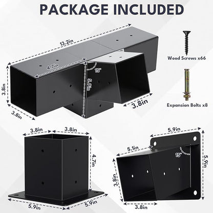 15° Slanted Pergola Bracket Kit, 4-Way Roof Wall Mount Pergola Set with Post Base for 4"x4" Posts for Gazebos, Patio Pergolas(Set of 3)