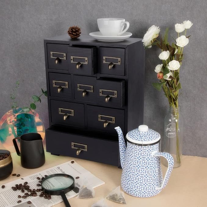 Apothecary Drawers Apothecary Cabinet with Drawers, Black | 9 Drawer Library Card Catalog, Wooden Storage Box, Wooden Desktop Organizer with Metal Handles-Fulled Assembled