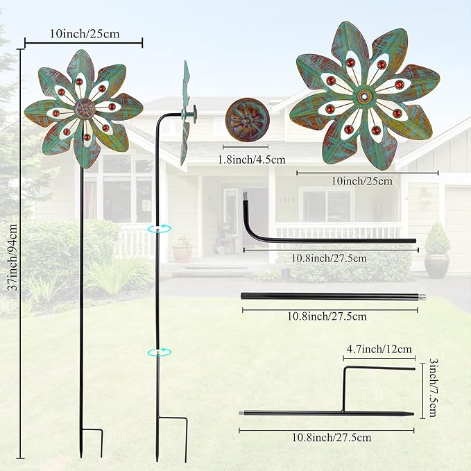 VEWOGARDEN 2 Pack Wind Spinners Outdoor, Metal Wind Spinner with Flower Design for Yard Garden Lawn Decorations, Copper Green