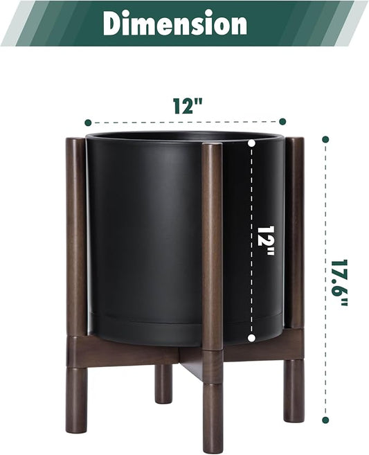 D'vine Dev Plastic Pot with Walnut Wood Stand, Black, 12 in, 55-C-O-2 | Mid-Century Inspired Design, Elevated Plant Display, Clean Lines, Sturdy Support, Modern Space-Saving Style