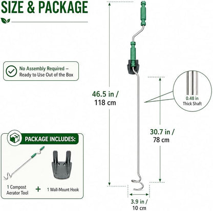 46.5" Compost Aerator Tool, Manual Compost Turner, No Assembly Stainless Steel Compost Stirring Tool for Compost Bins, Outdoor Compost Piles & Backyard Composting, Wall Mount Hook