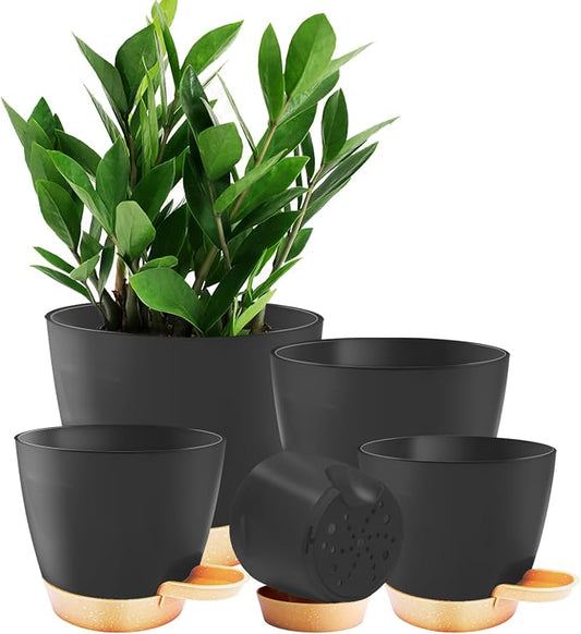 Self Watering Plant Pots with Drainage & Saucers, 5-Pack 7/6.5/6/5.5/5 in - Plastic Flower Pots for Indoor Plants, Succulents & Herbs, Planters for Indoor Outdoor & Balcony (Black)