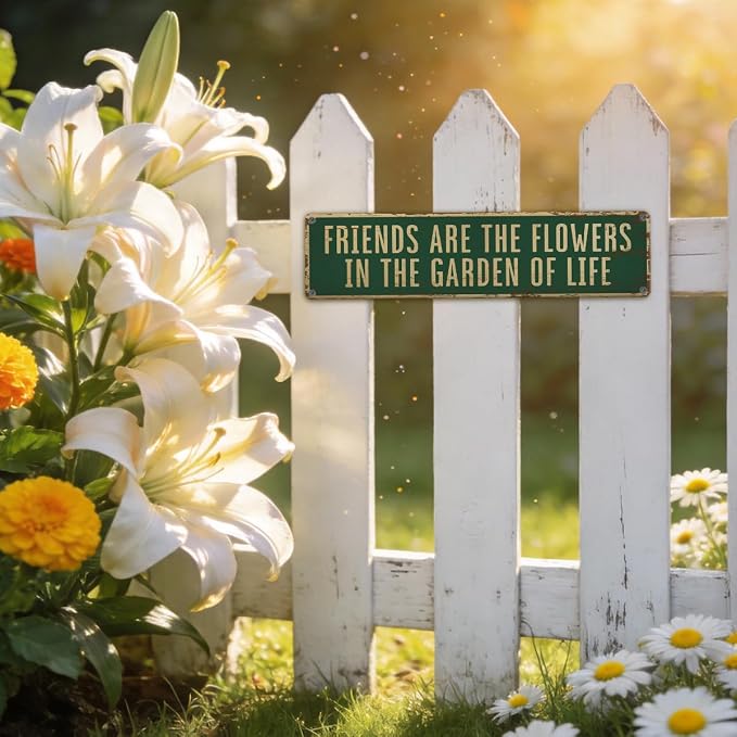 Garden Metal Tin Sign, Vintage Farmhouse Decor, Friends Are the Flowers in the Garden of Life Quote, Gardening Wall Art for Yard Fence Door Porch, Rustic Indoor Outdoor Decoration, 15.7 x 3.9 Inches
