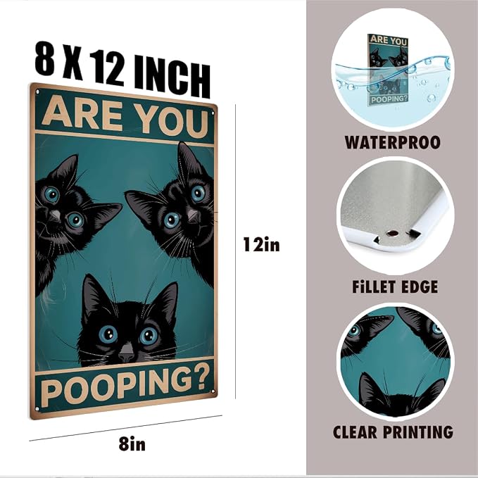 mmiishe Bathroom Decor Cat Lover Gifts for Women Men Funny Bathroom Signs Vintage Metal Black Cat Decor Are You Pooping for Restroom Toilet Powder Room Wall Decor 8x12 Inches Birthday Anniversary