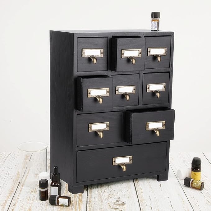 Apothecary Drawers Apothecary Cabinet with Drawers, Black | 9 Drawer Library Card Catalog, Wooden Storage Box, Wooden Desktop Organizer with Metal Handles-Fulled Assembled