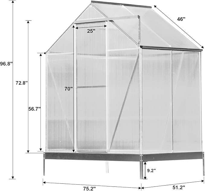 6x4 FT Greenhouse, Walk-in Polycarbonate Greenhouse, Heavy Duty Aluminum Outdoor Green House Kit with Sliding Door, Roof Vent, Rain Gutter for Backyard Garden All Season Growing, Sliver