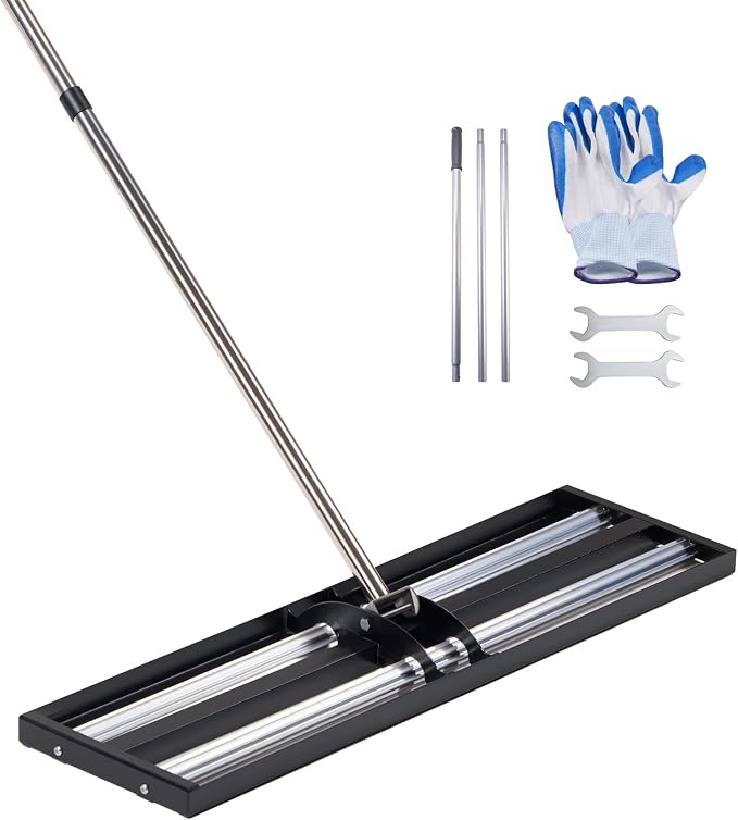 VEVOR Updated Lawn Leveling Rake with Roller, 48'' x 10" Stainless Steel Lawn Leveler with 83.9'' Adjustable Handle, Heavy Duty Yard Leveling Rake, Effort Saving Lawn Leveling Tool for Yard Golf Court