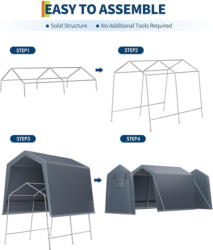 7 x 10 Ft Carport Portable Storage Shed Outdoor Tarp Sheds with Roll-Up Door, Bike Shed ATV Storage Tent for Motorcycle, Car, Garden Tools Grey