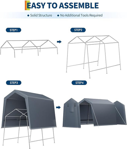 7 x 10 Ft Carport Portable Storage Shed Outdoor Tarp Sheds with Roll-Up Door, Bike Shed ATV Storage Tent for Motorcycle, Car, Garden Tools Grey