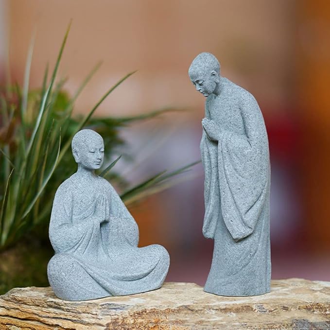 Happyyami Bonsai 2pcs Stone Monk Figurines Zen Buddha Statues Standing Monk Sculptures for Outdoor Landscape Garden Decoration Light Grey Miniature Figurines Miniature