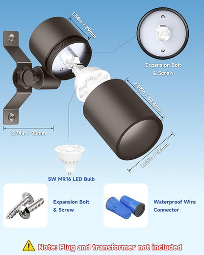 Landscape Down Lighting Low Voltage Spot Lights Outdoor LED Wall Mounted Low Voltage Tree Lights Cast Aluminum Free 5W MR16 LED Bulb Stainless Steel Mounting Bracket 2-Count