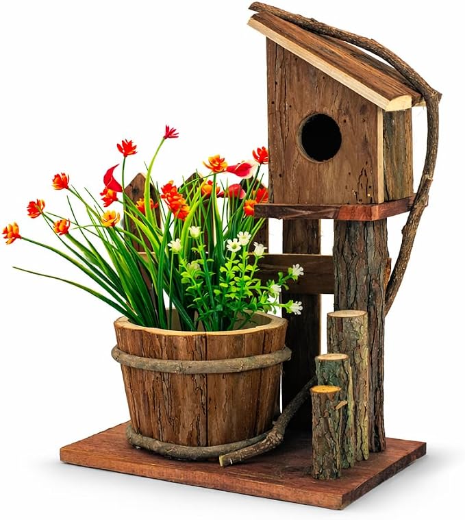 Rustic Wooden Planter Box, Farmhouse Tabletop Plant Holder for Succulents, Faux Flowers & Porch Decor, Small Decorative Garden Planter for Balcony Patio Indoor Outdoor Use