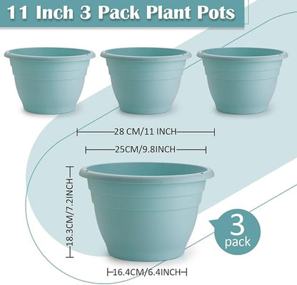RooTrimmer 3 Pack 11 Inch Plant Pots with Drainage Hole and Plug, Durable Plastic Flower Pots for Indoor & Outdoor Plants, Elegant Mordern Plant Pots Perfect for Herbs, Flowers & Succulents, Blue