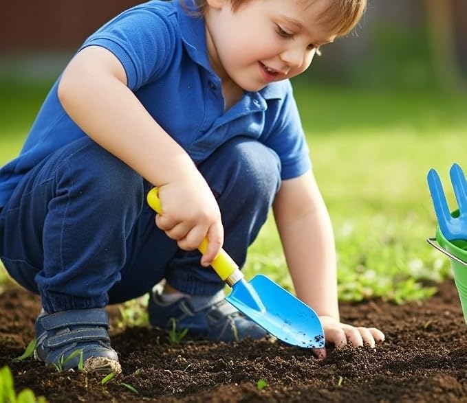 JustForKids Kids Garden Tool Set, 2 Pack STEM Educational Gardening Kit with Wooden-Handle Metal Pails, Plastic-Handle Shovel, Rake & Cultivator, Outdoor Toys & Gift for Toddlers Boys Girls Ages 3-8