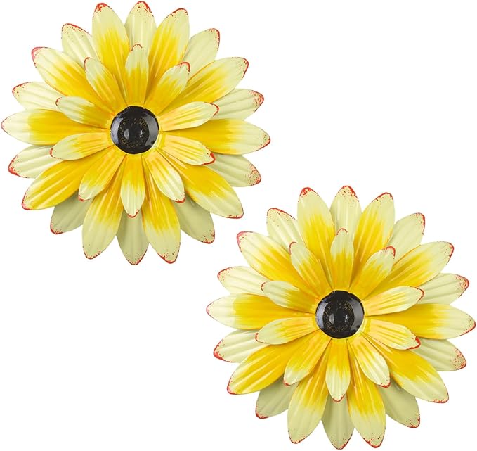 Outdoor Metal Wall Art Decor, 2 Pack 8 Inch Sunflower Wall Decorations, Hanging Outdoor Wall Decor, Handmade Metal Flowers for Outdoor Outside Indoor Decor,Yellow