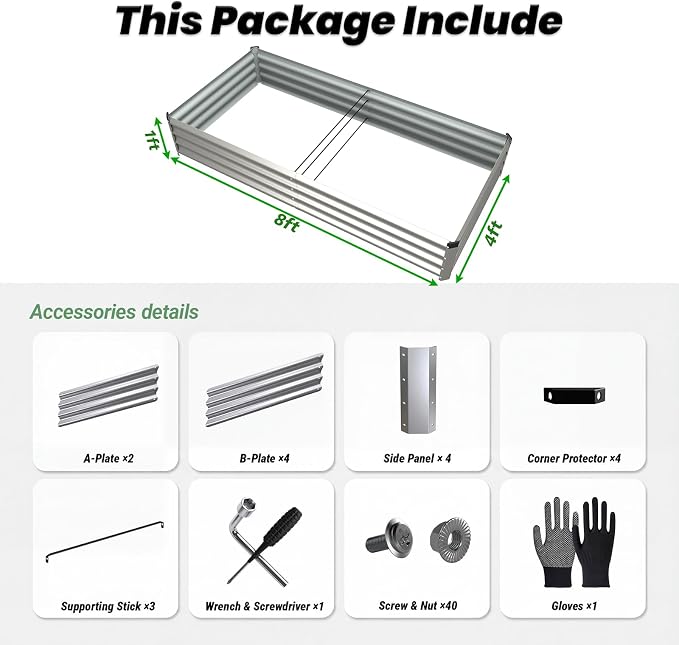 2Packs 8x4x1 FT Raised Garden Beds Outdoor, Planter Raised Beds for Gardening, Vegetables, Flowers, Metal Garden Box, Deep Plant Flower pots Outdoor (Silver)