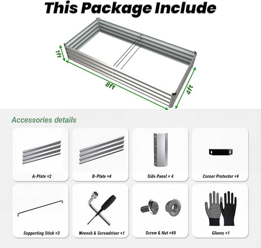 2Packs 8x4x1 FT Raised Garden Beds Outdoor, Planter Raised Beds for Gardening, Vegetables, Flowers, Metal Garden Box, Deep Plant Flower pots Outdoor (Silver)