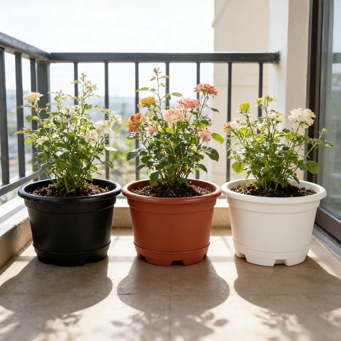 KPUVX 5 Pack 8.5 inch Plant Pot,Outdoor Flower Pots,Plastic pots for Plants Indoor with Drainage Holes and Trays, Decorative Garden Containers Sets for Houseplants
