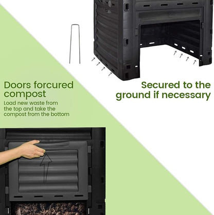 80 Gallon (300L) Large Capacity Static Compost Bin - Sturdy Outdoor Waste Composter with Easy-Access Hatch, Efficient Aeration System for Fast Organic Fertilizer Creation, Black