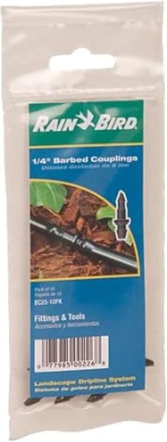 Rain Bird BC25/10PS Drip Irrigation Universal 1/4" Barbed Coupling Fitting, Fits of 1/4" Drip Tubing, 10-Pack