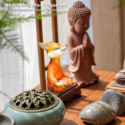 Orange Resin Fox Statue, Zen Yoga Figurine for Desktop & Garden | Mini meditative accents, garden & fox statues, fox figurines, spiritual gifts, feng shui shelf decor for plant & yoga lovers