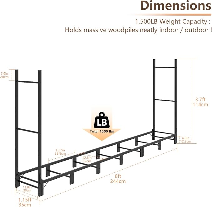 C-Hopetree 8Ft Outdoor Indoor Firewood Rack, Adjustable Metal Log Holder for Fireplace, Heavy Duty Wood Pile Storage Organizer Stacker Stand, Black