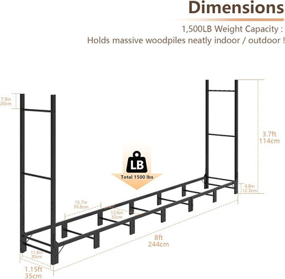 C-Hopetree 8Ft Outdoor Indoor Firewood Rack, Adjustable Metal Log Holder for Fireplace, Heavy Duty Wood Pile Storage Organizer Stacker Stand, Black