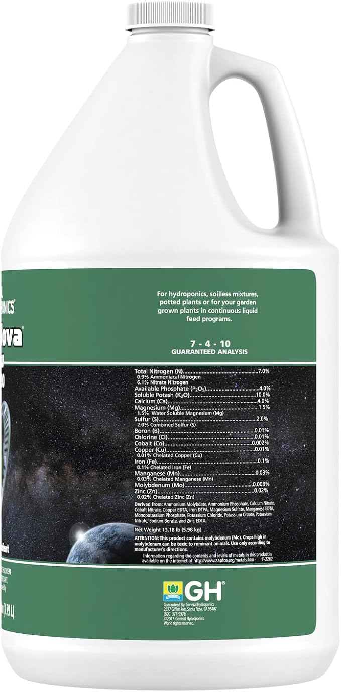 General Hydroponics HGC718805 FloraNova Grow 7-4-10, Robust Strength of Dry Fertilizer But in Rapid Liquid Form, Use for Hydroponics, Soilless Mixtures, Containers & Garden Grown Plants, 1-Gallon