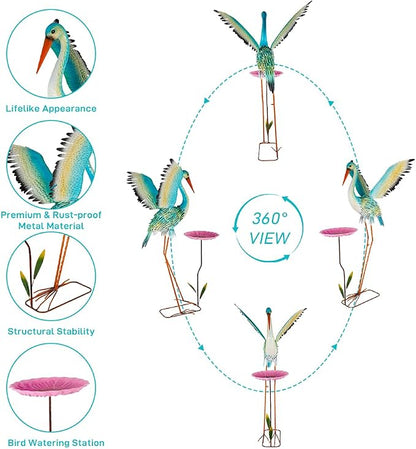 Large Heron Garden Statue for Outside,39" Crane Outdoor Statues with Leaf Tray,Metal Yard Art for Porch Backyard Patio Lawn Decor（Green+Pink）
