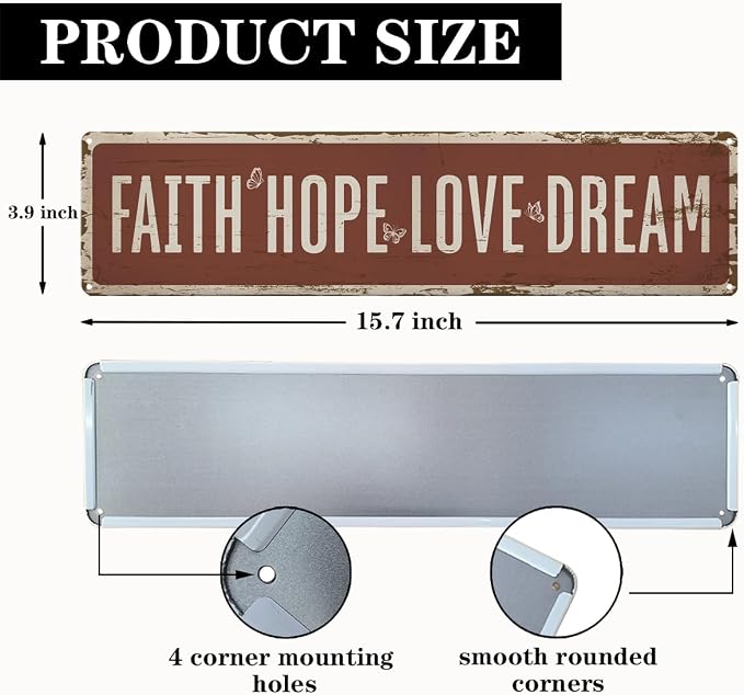 Garden Metal Tin Sign, Vintage Farmhouse Decor, Faith Hope Love Dream Garden Wall Art, for Yard Fence Door Porch, Inspirational Indoor Outdoor Gardening Decoration, 15.7 x 3.9 Inches