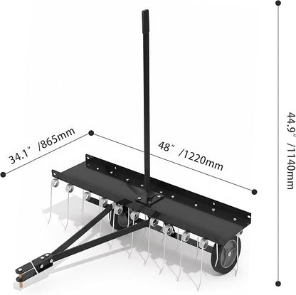 48 Inch Tow Behind Dethatcher, Tow Behind Lawn Rake with 20 Spring Steel Tines & Lift Handle, Heavy Duty Lawn Dethatcher Rake Attachment for ATV, Riding Mower, Lawn Tractor, Yard & Garden,Black