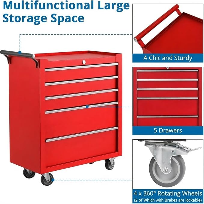 5-Drawer Rolling Tool Chest,Tool Cabinet on Wheels with Keyed Locking System and Drawer Liners,Tool Chest with Link Buckle and Can Be Combined to Large Cabinet Set,for Garage, Warehouse & Repair Shop