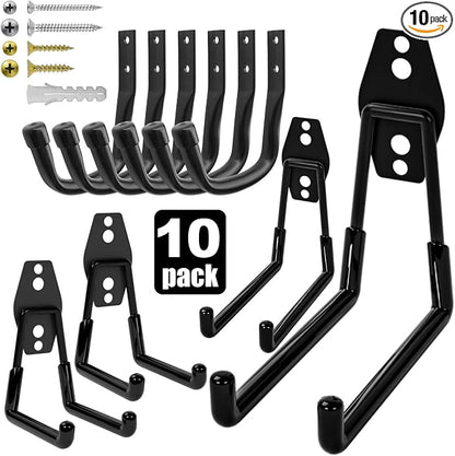 Heavy Duty Wall Garage Hooks, Steel Anti-Slip Utility Hooks Storage Organization Hangers for Ladders, Bikes, Hose, Garden Tools, Coats, Bags with Mounting Hardware Kit (Black, 10 Pack)