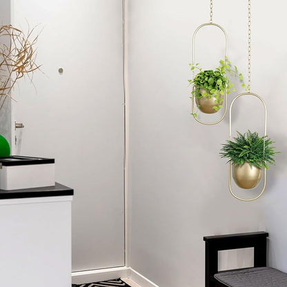 AceList Boho Hanging Planter for Indoor Plants - Set of 2 Gold Metal Wall Planter 5.7Inch with Hooks and Chins, Plant Hanger Decor for Window and Patio - Suitable for Hanging Plants Decor