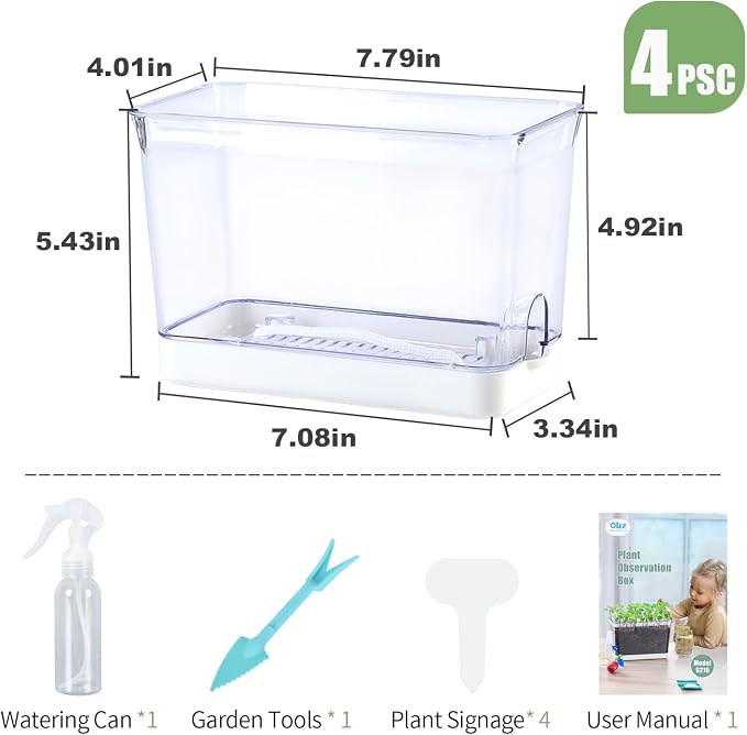 Oliz 4pk Self-Watering Windowsill Planters, Clear Plastic w/Drainage Holes | 7.8"x5.4"x4", Rectangular Flower Pots, Plant Growth Observation Box for Kids