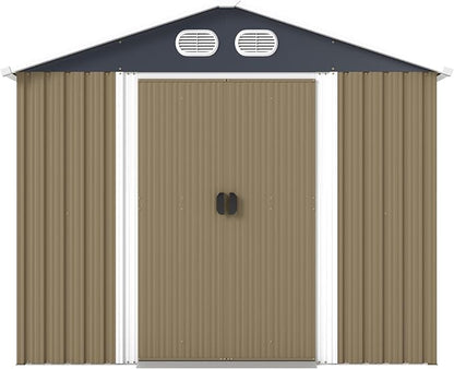 YOPTO 8x12 FT Outdoor Storage Shed, Metal Garden Shed with Window, Lockable Door & Sloped Roof, Large Waterproof Utility Tool Shed for Backyard, Garden, Patio, Lawn, Brown