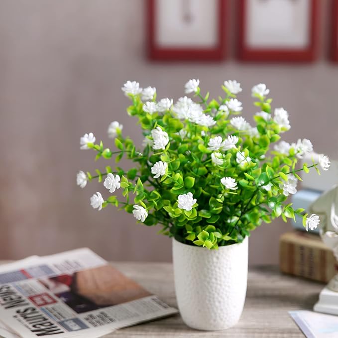 XLFAQXM Artificial Plants Flowers Grass Shrubs 8 Pack No Fade Faux Plastic Flowers Outdoor for Vases Farmhouse Garden Porch Patio Office Indoor Wedding Decoration Greenery Fake Plants (2#White)