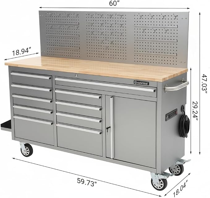 Heavy-Duty 10-Drawer Rolling Tool Cabinet & 61" Garage Workbench with Solid Wood Top, Power Strip, USB, 1675 lb Load, Ball-Bearing Slides, Locking Wheels, Mobile Tool Organizer in Silver