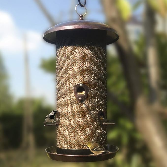 Nature's Rhythm Metal Hopper Bird Feeder Two Chambers，Heavy Duty Mesh Metal Dual Seed Compartments Outdoor Hanging Wild Bird Feeder with 10 Feeding Ports,10lbs Seed Capacity