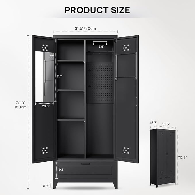 YITAHOME 71" Metal Garage Broom Cabinets with Adjustable Shelves, Vacuum Storage Cabinet with Doors and Drawer, Tool Storage Cabinet for Gym, Basement, Warehouse, Black, Metal | Built-in Pegboard, Adjustable Shelves, Heavy-Duty Metal, for Garage Gym Ba...