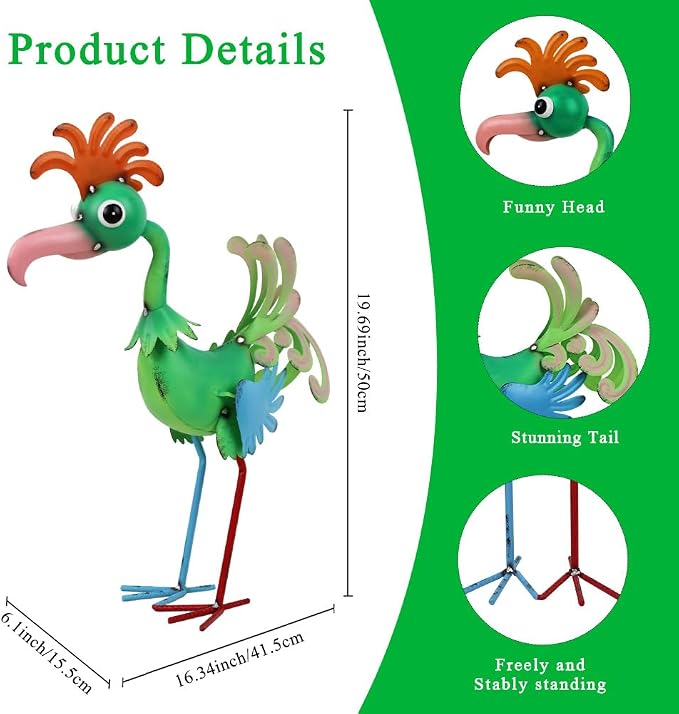 19'' Tall Metal Rooster Statue for Farmhouse, Lawn, Garden | Funny Rooster Sculpture Garden Decor, Metal Yard Art, Green